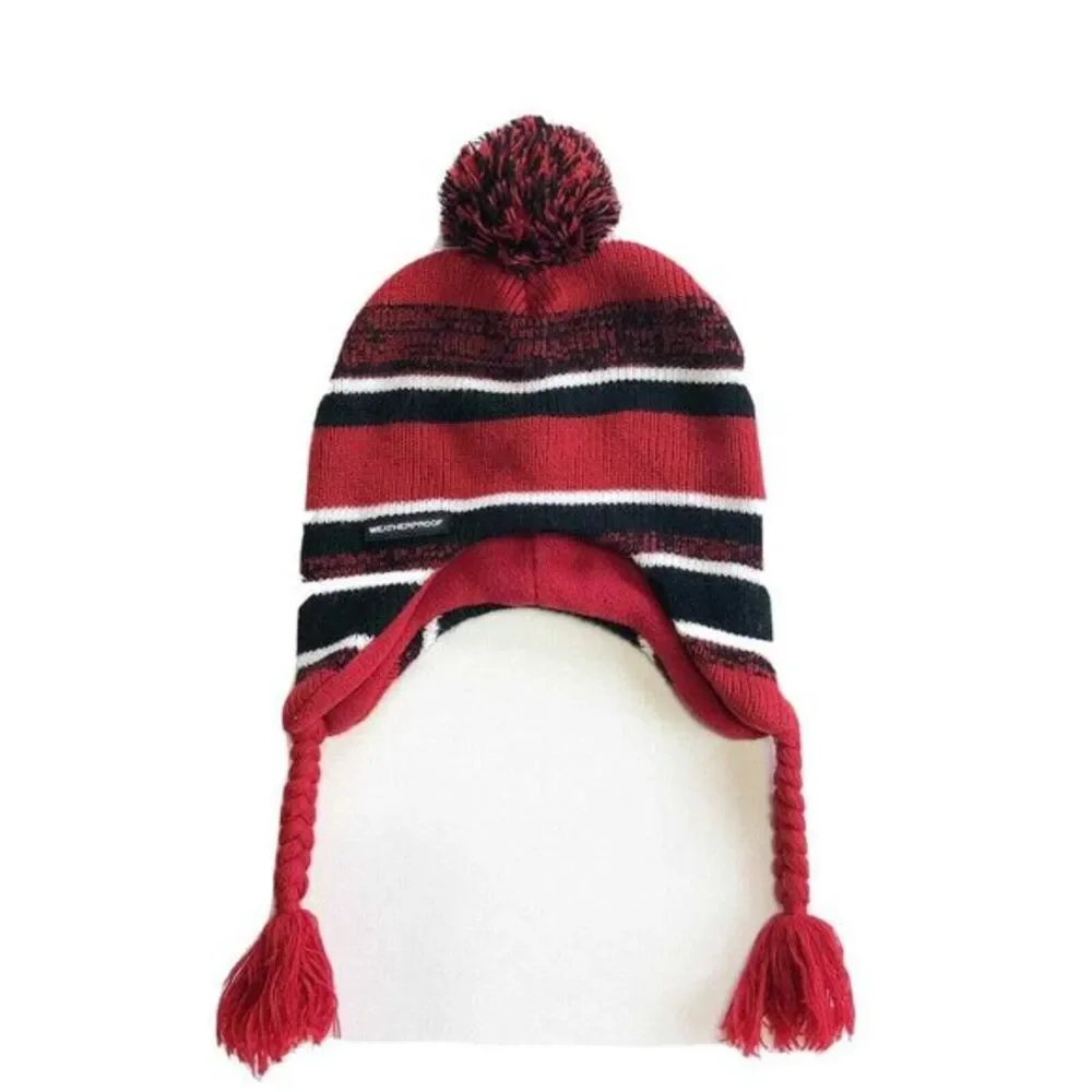 Weatherproof Kids Red Black Striped Earflap‎ Beanie Pom Pom Hat Size 4/7 AC002